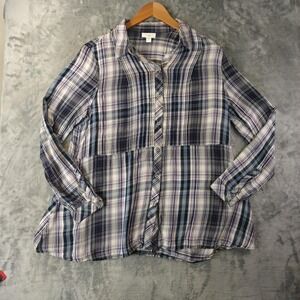 J. Jill Women Large Navy Blue Purple Plaid Button Down Viscose Rayon Tunic Shirt